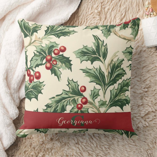 Monogram Vintage jul Holly & Berries Mönster Kudde (Filt)