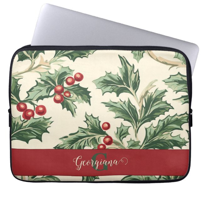 Monogram Vintage jul Holly & Berries Mönster Laptop Fodral (Framsidan)