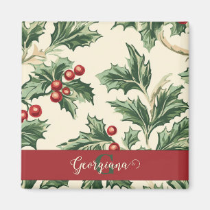 Monogram Vintage jul Holly & Berries Mönster Magnet