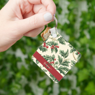 Monogram Vintage jul Holly & Berries Mönster Nyckelring