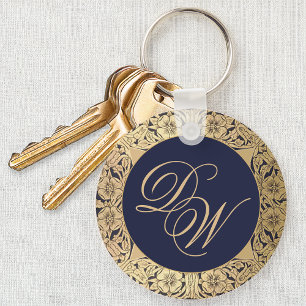 Monogram Vintage Navy Blue Guld Ro Calligraphy Nyckelring