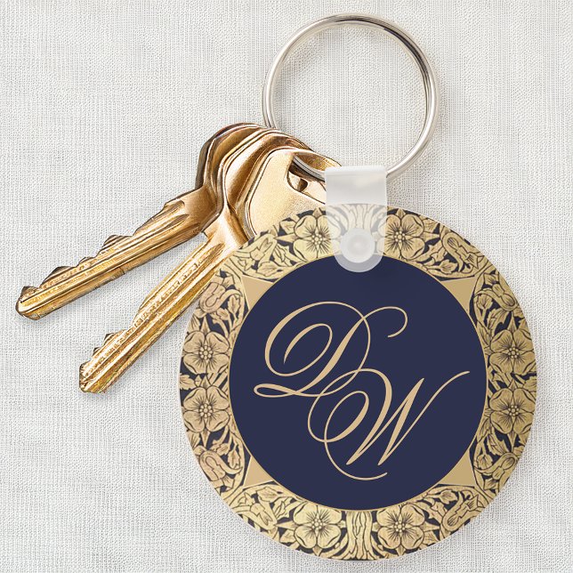 Monogram Vintage Navy Blue Guld Ro Calligraphy Nyckelring (Skapare uppladdad)