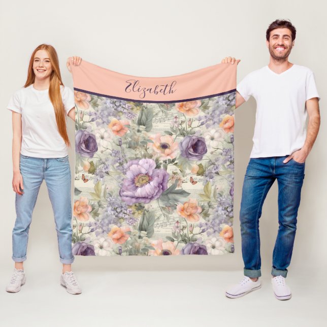 Monogram Vintage Peach Lila Blommigt Shabby chic Fleecefilt (På plats)