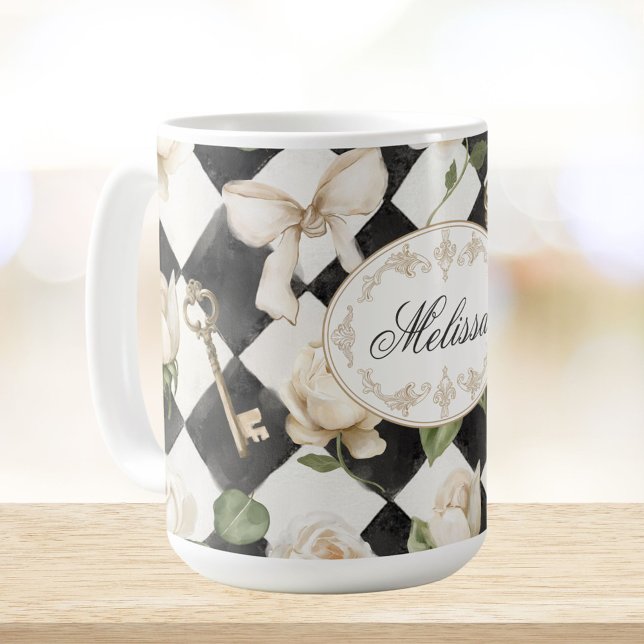 Monogram Vintage Ro Flowers Black White Diamond Kaffemugg (In situ)