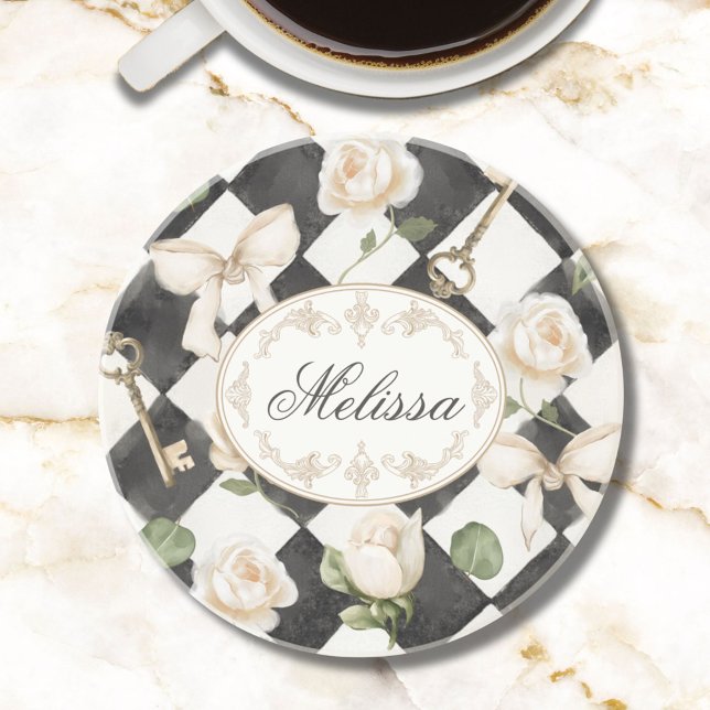 Monogram Vintage Ro Flowers Black White Diamond Underlägg (In situ)