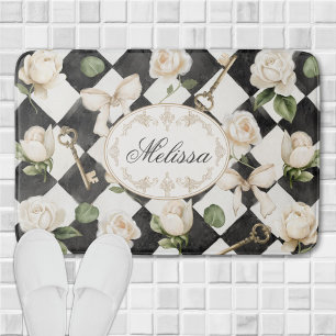 Monogram Vintage Rose Blommor Svart Vit Diamant Badrumsmatta