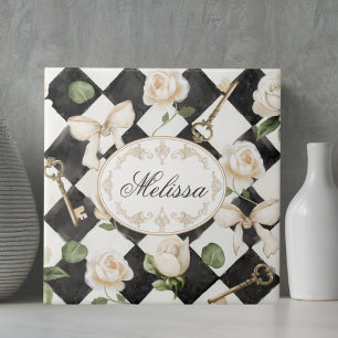 Monogram Vintage Rose Blommor Svart Vit Diamant Kakelplatta