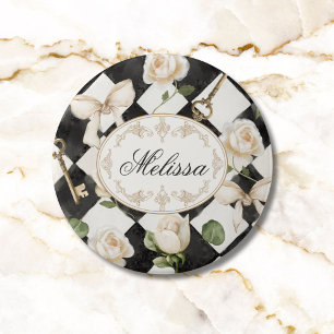 Monogram Vintage Rose Blommor Svart Vit Diamant Knapp