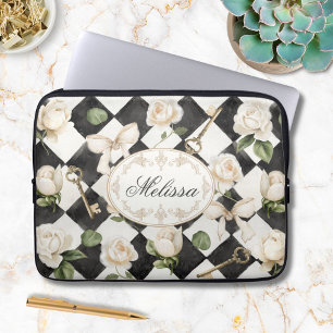 Monogram Vintage Rose Blommor Svart Vit Diamant Laptop Fodral