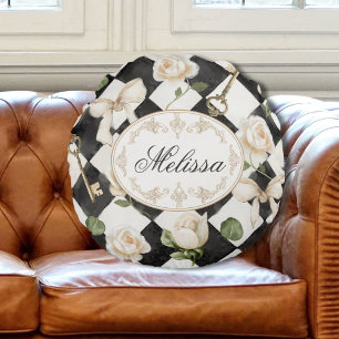 Monogram Vintage Rose Blommor Svart Vit Diamant Rund Kudde