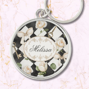 Monogram Vintage Rose Blommor Svart Vit Diamant Rund Silverfärgad Nyckelring