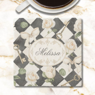 Monogram Vintage Rose Blommor Svart Vit Diamant Stenunderlägg