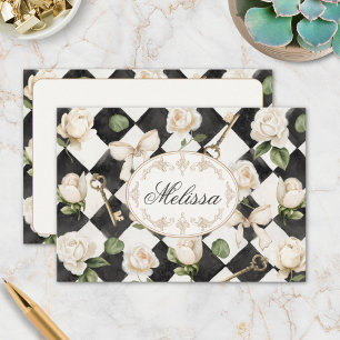 Monogram Vintage Rose Blommor Svart Vit Diamant Tack Kort