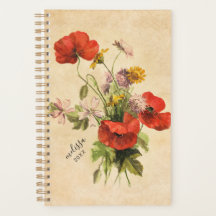 Monogram Vintage Rustic Bouquet Red Poppies Beige
