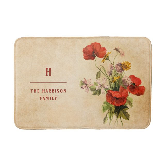 Monogram Vintage Rustic Bouquet Red Poppies Beige Badrumsmatta (Framsidan)