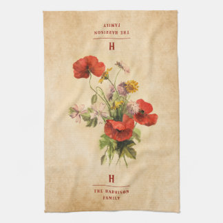 Monogram Vintage Rustic Bouquet Red Poppies Beige Kökshandduk