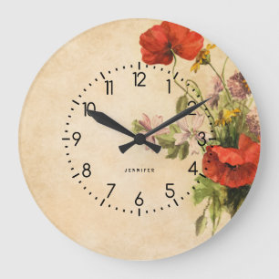 Monogram Vintage Rustic Bouquet Red Poppies Beige Stor Klocka