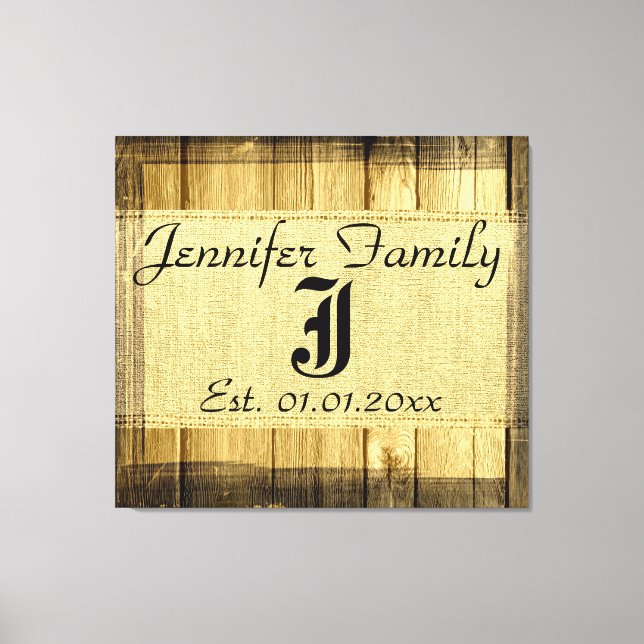 Monogram Vintage Rustic Burlap Linen Wood-utseende Canvastryck (Framsida)
