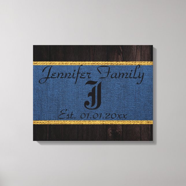 Monogram Vintage Rustic Burlap Linen Wood-utseende Canvastryck (Framsida)