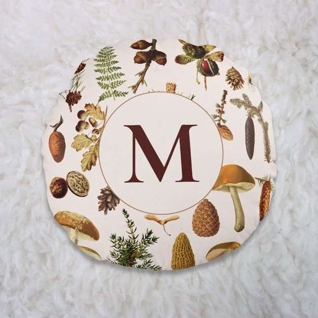 Monogram Vintage Tallskogsskatter Mönster Rund Kudde (In situ)