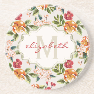 Monogram Vintage Victorian Watercolor Blommigt Underlägg Sandsten