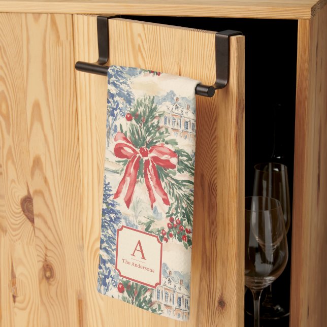 Monogram Vintage Vinterbyn Jul Röd Slinga Kökshandduk (Thirds Fold)