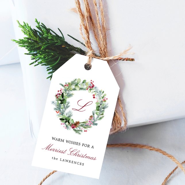 Monogram vinter grönska krans semester presentetikett (Monogram Winter Greenery Wreath Holiday Gift Tags)