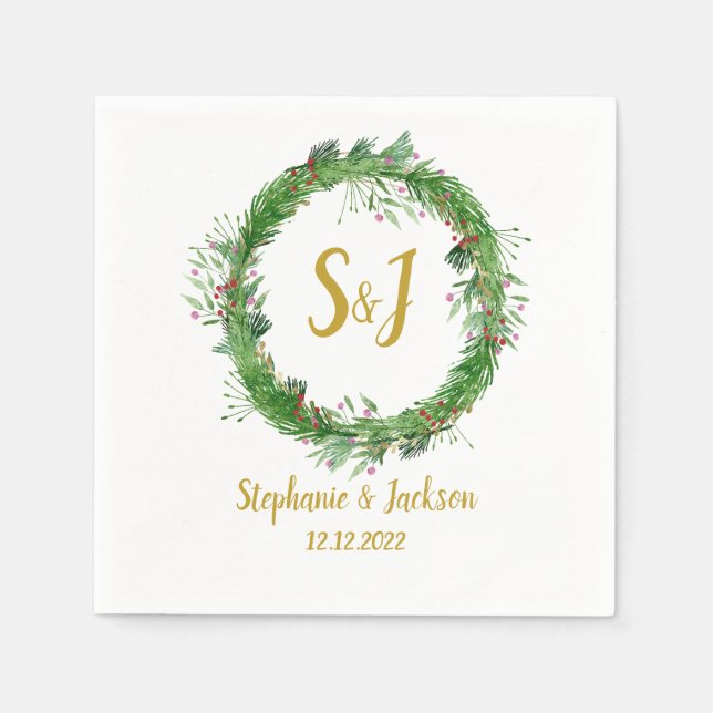 Monogram | Vinter Grönskande Krans Bröllop Pappersservett (Framsidan)