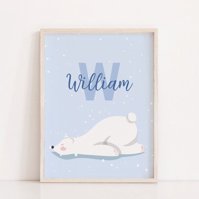 Monogram Vinter Polar Bear Nursery Wall Decor Poster (Blue Monogram Winter Polar Bear Nursery Wall Decor)