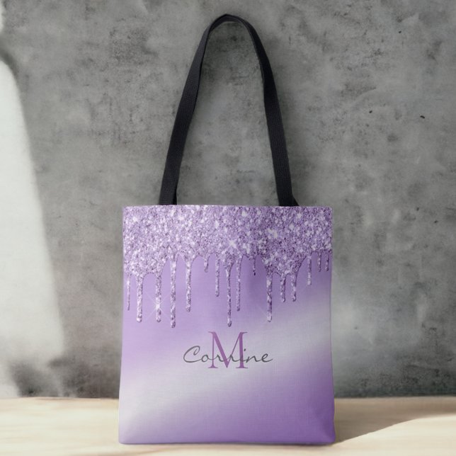 Monogram Violet Lila Dripping Glitter Metallic Tygkasse (Skapare uppladdad)