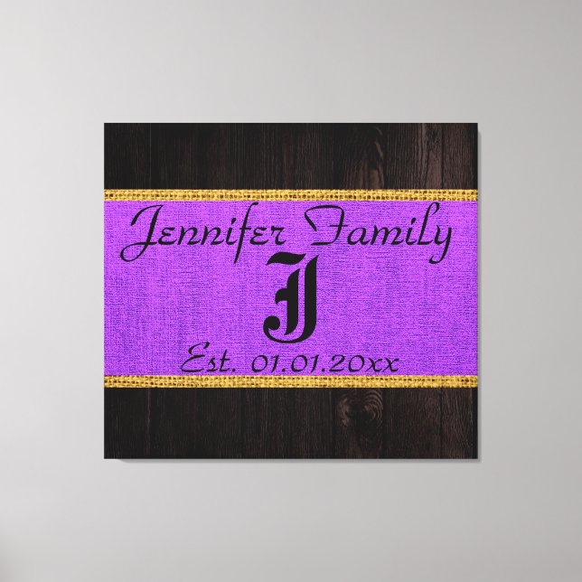 Monogram Violet Rustic Burlap Linen Wood-utseende Canvastryck (Framsida)