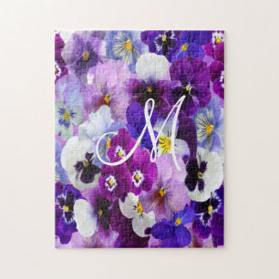 Monogram Violett Blå Vit Styvkulla Blommor Blommor Pussel