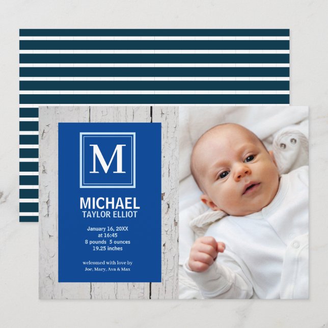 Monogram vit blå rand foto baby pojke födelse meddelande (Fram/baksida)