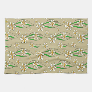 Monogram vit blommigt Beige bakgrund Kökshandduk