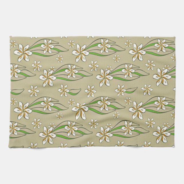 Monogram vit blommigt Beige bakgrund Kökshandduk (Horisontell)