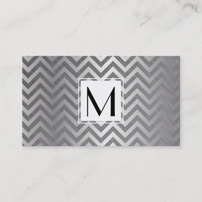 Monogram-vit box-chevron-metalliskt mönster visitkort (Framsida)