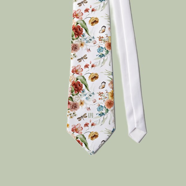 Monogram vit Färgrik Stilleben Blommor Konst Slips (Skapare uppladdad)