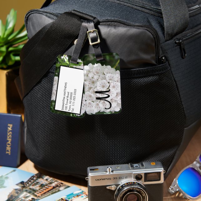 Monogram vit fjällrosflora  bagagebricka (Fram & Baksida)