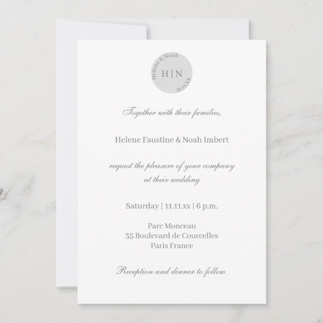 Monogram Vit Grå Modern Minimalistisk Bröllop Inbjudningar (Framsida)