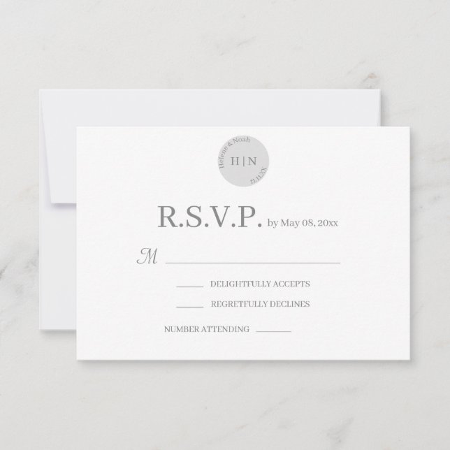 Monogram vit grå modern minimalistisk bröllops-RSV Inbjudningar (Framsida)