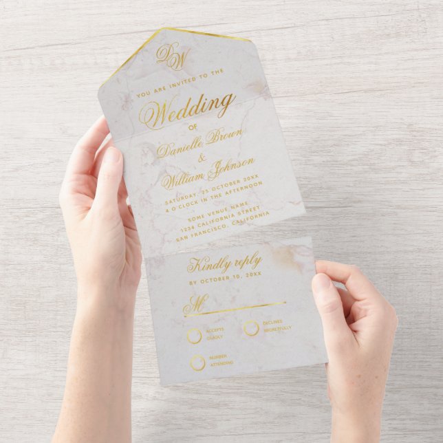 Monogram vit marmor falskt guld elegant bröllop A (Avrivbar del)