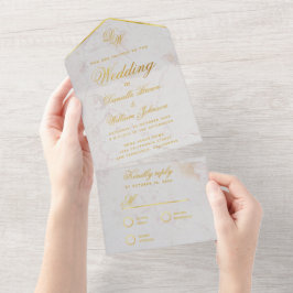Monogram vit marmor falskt guld elegant bröllop A