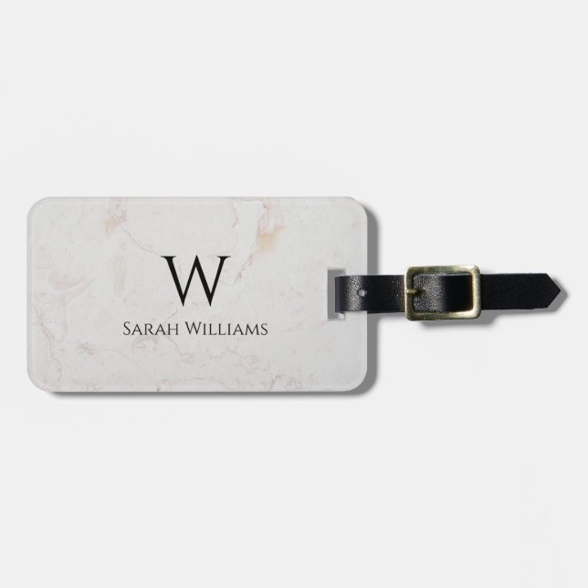 Monogram vit marmor Namn Modern svart initial Bagagebricka (Horisontell Framsida)
