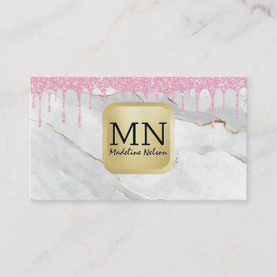 Monogram Vit marmor Rosa för Glitter-dropp Visitkort