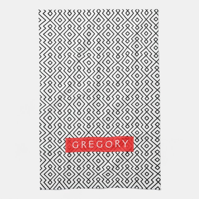 Monogram Vit och svart geometriskt Mönster Kökshandduk (Vertikal)