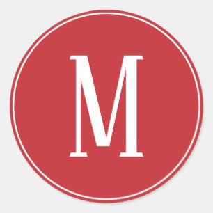 Monogram Vit på Mörk Röd rund Sticker Runt Klistermärke