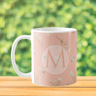 Monogram Vit Prästkrage Blommönster Kaffemugg