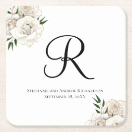 Monogram Vit ros Blommigt Elegant bröllop Underlägg Papper Kvadrat