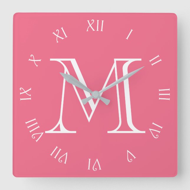 Monogram Vit skript, romerska siffror på Rosa, sid Fyrkantig Klocka (Framsida)