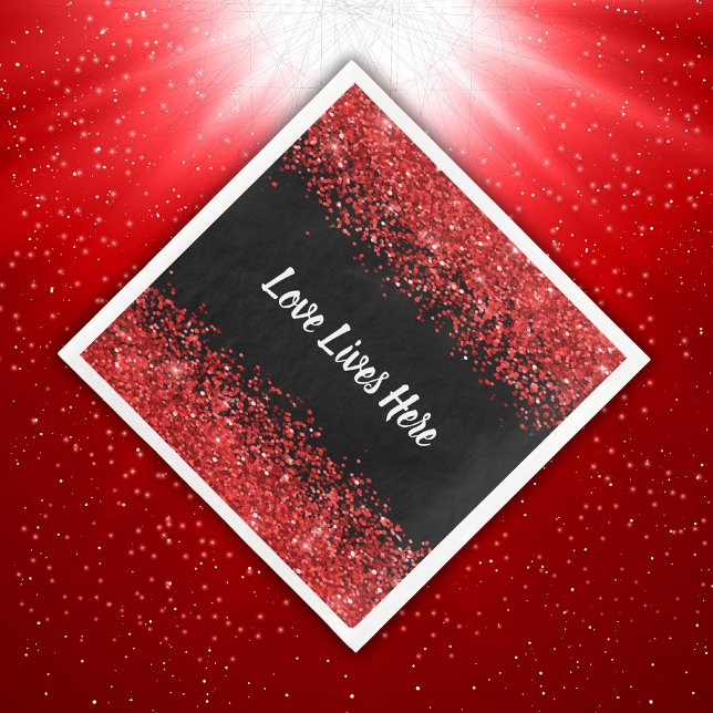 Monogram - vit text på svart med röd glitter | pappersservett (Skapare uppladdad)